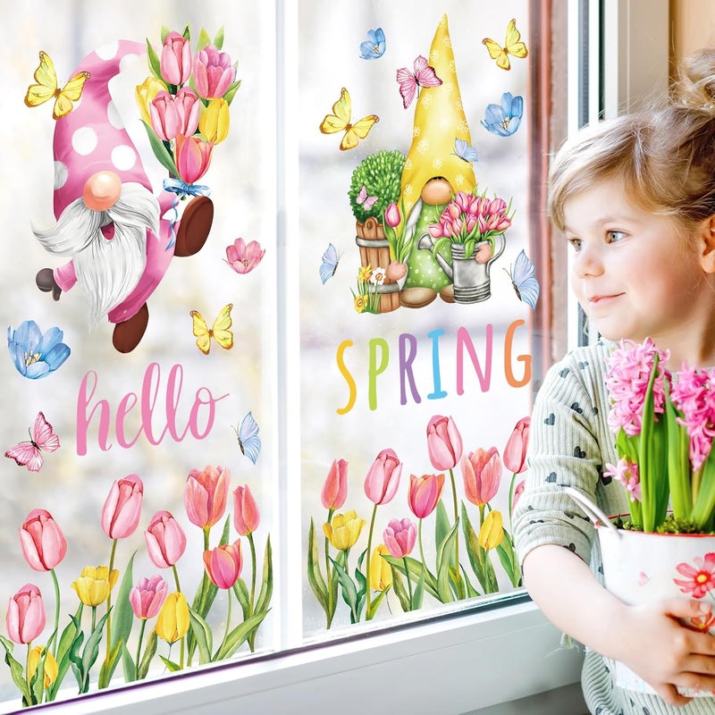 Whaline 6 Sheet Hello Spring Window Clings Pink Tulip Floral Gnome Butterfly Reusable Window Decals for Home School Office Party Supplies - Image 2